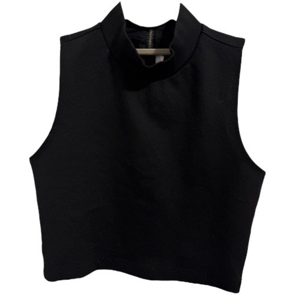 BCBGeneration Black Sleeveless Mock Neck Crop Top Women's XS Full Zip Back
